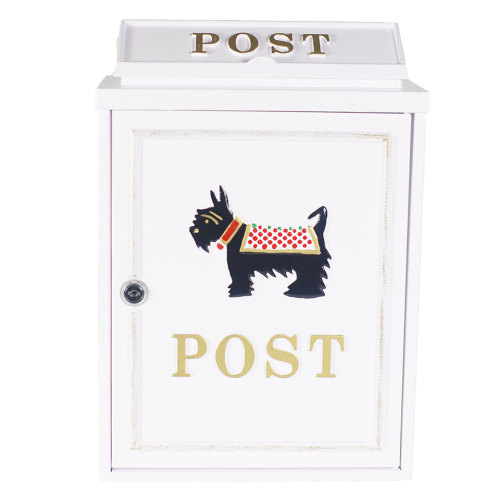 Klassieke witte brievenbus met hondje